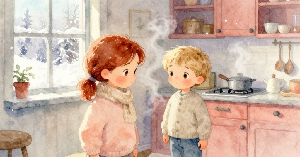 朱麗葉與本在溫暖廚房內，窗外飄雪霜，柔和晨光灑落，展開故事開端