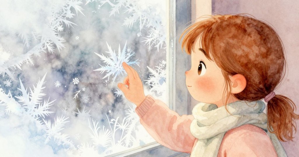 朱麗葉以輕柔手指擦去窗上霜花，細緻冰層在溫和燈光下展現冬日細節