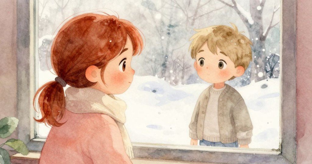 透過冰霜窗戶看室內與冬日景致，廚房爐具低鳴，水壺輕嘶，營造和諧靜謐氛圍