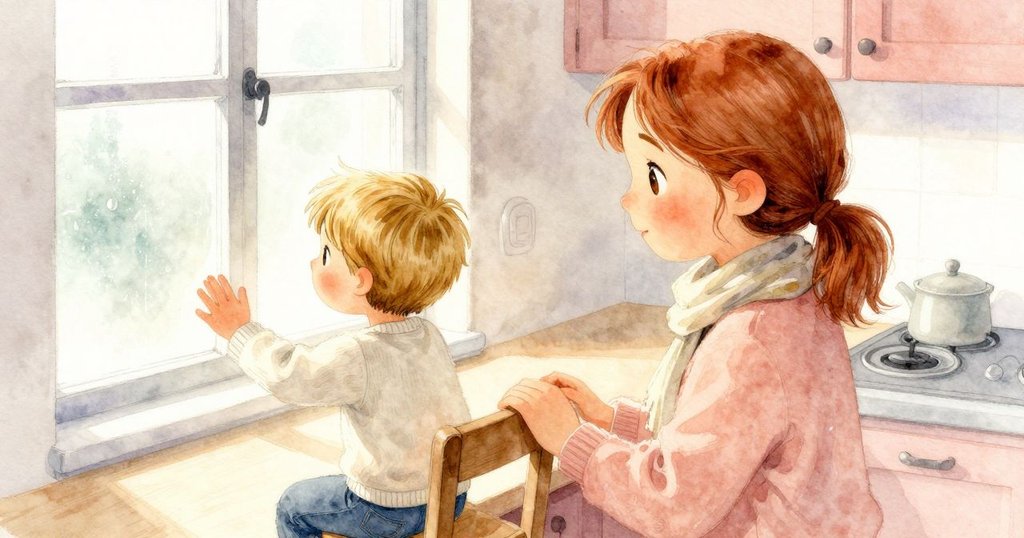 從上方俯瞰廚房，朱麗葉與本攜手擦拭冰霜，椅子輕輕滑動，彰顯互助溫情