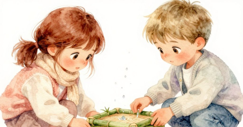 水滴落在竹製鉛筆盒上形成動態音符，細膩光線勾勒冬日家居音樂律動