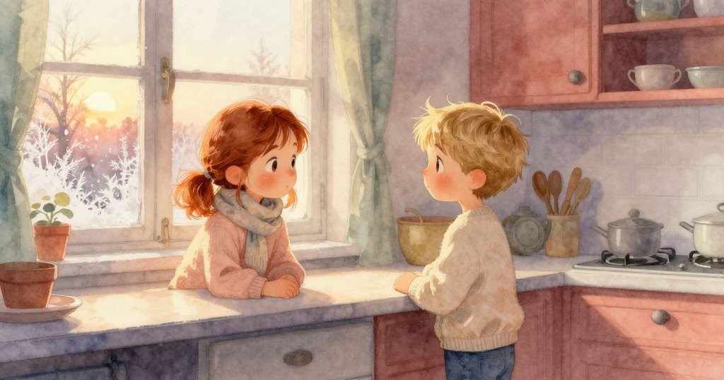 夕陽餘暉灑進廚房，朱麗葉與本靜看窗上冰霜重現，溫暖光線中流露出深情與沉思