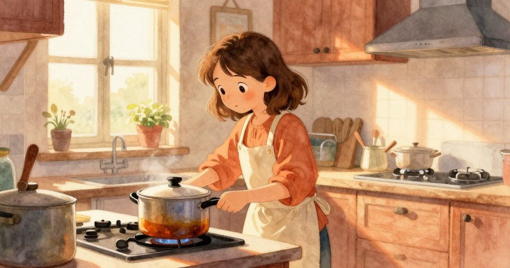 Delia走進溫暖的廚房, 注視著爐上鍋具上淡淡的琥珀色印記, 廚房內晨光柔和, 氣氛溫馨