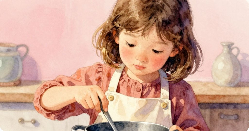 Delia專注攪拌鍋中醬料, 近鏡頭顯示她專注神情與手中動作, 鍋上淡淡琥珀印記清晰可見