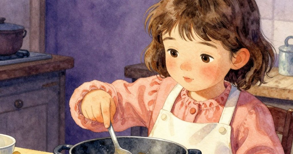 透過Delia視角, 看到她握著湯匙輕輕攪拌, 鍋邊小凹痕與琥珀色標記細節清楚, 整體溫馨畫面