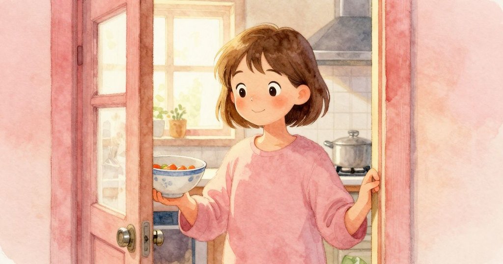 Freya出現在廚房門口, 微笑著將兩個碗擺放在檯面上, 柔和陽光灑進室內, 氣氛溫暖舒適