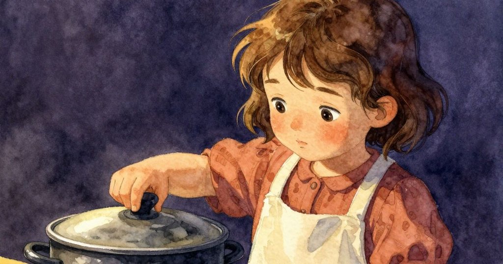 Delia停下攪拌, 手輕觸鍋蓋, 注視醬料漸低的變化, 表情專注, 室內光線柔和營造出微妙緊張感