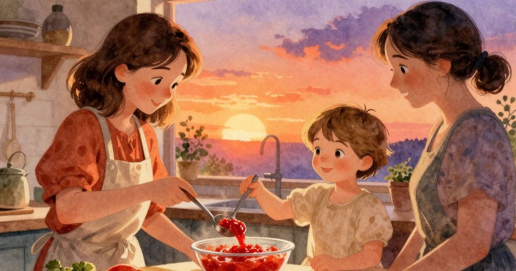 Delia溫柔微笑著從湯匙倒出鮮紅番茄醬, Freya在旁認真觀察, 廚房充滿溫暖光芒, 展現成功烹煮感