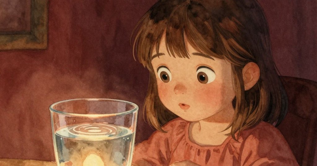 Willa專注凝視著微顫的玻璃杯,臉上帶著驚奇與關切,室內燈光溫暖,情感逐步展現