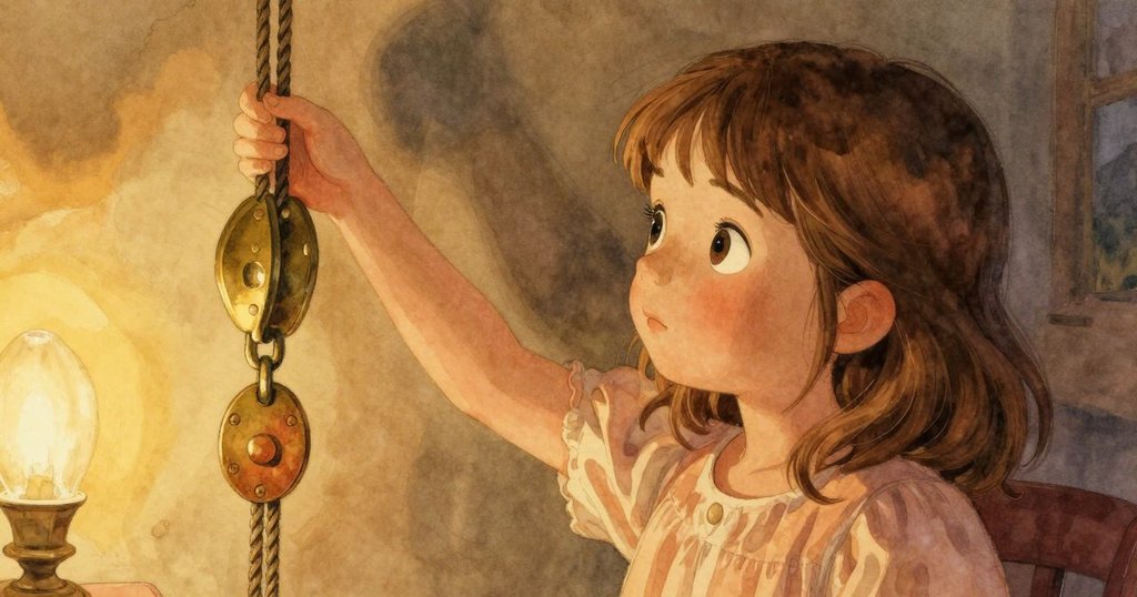 Willa從背後探視銅滑輪和生銹徽章,手動作細膩,燈光溫暖,展現發現奧秘的瞬間