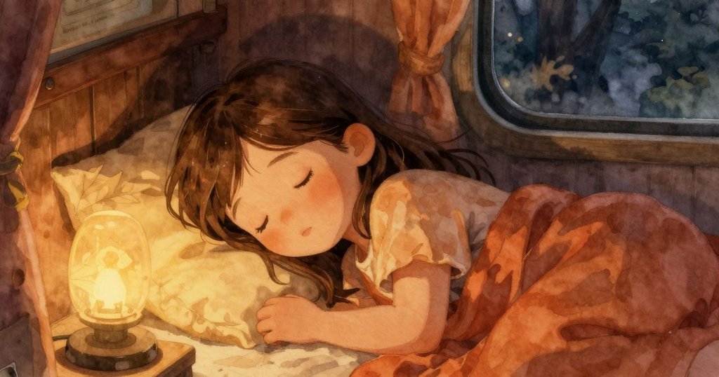 Willa安然入睡,柔和燈光映照臉龐,列車節奏聲伴隨,溫馨安靜的夜晚逐漸落幕