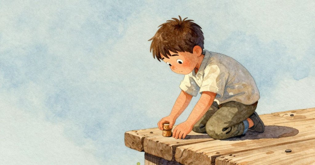 Warren在碼頭上注視微動的軟木浮子,站在古老桐木平台上,表情充滿好奇,背景有水面與海鷗。