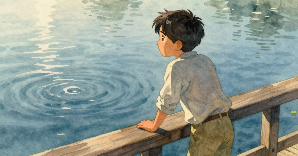 Dorian透過木製框架觀察水面上悠然移動的浮標,眉宇微挑,表情透露寧靜與思索,背景晨光柔和。