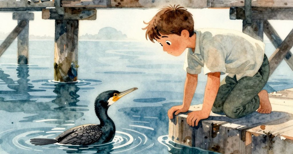 Warren俯身觀察水下隱現的魚鷹,低角度捕捉飛瀉光影,水波與舊木樑交織出神秘氣氛。