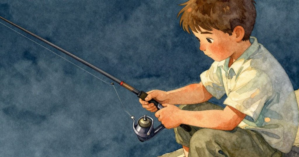 Warren專心更換釣竿上的鈴形沉子,手法精細,近距離展現釣魚器材與舊桐木背景細節。