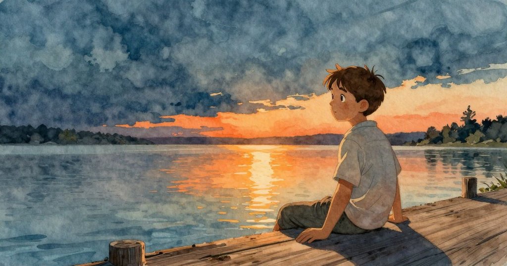 Warren坐在桐木碼頭上享受夕陽餘暉,釣竿旁靜謐水面映出金色光芒,臉上流露出滿足與寧靜。