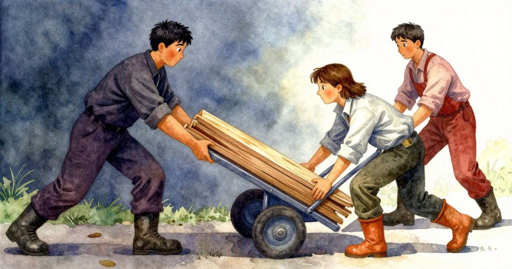 供應車撞上鬆木板，萊爾與帕斯卡爾迅速衝上前穩住晃動鐵條，司機在背景中顯露歉意情勢緊張
