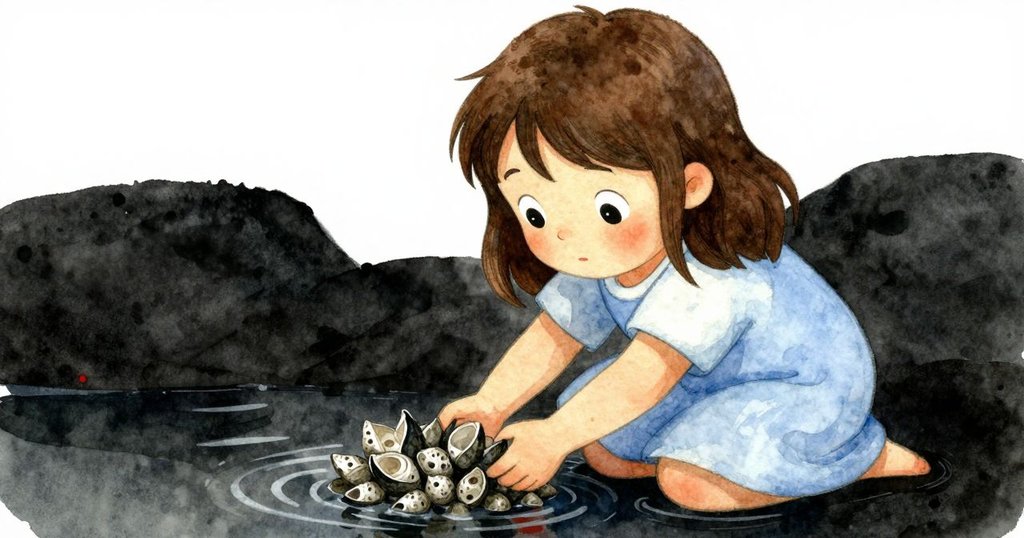Sara 正在用手輕撫池水，小心舉起如小金字塔般的藤壺，臉上流露出驚奇與關切，細節生動