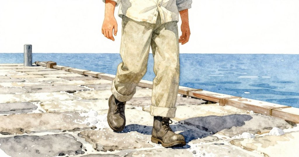 Yorick 穩健的腳步踩在粗糙的旗石上，鹽跡閃耀，細節生動，展現每天辛勤修繕的感覺。