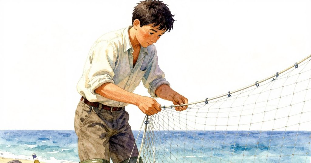 從低角度看到Yorick專注修補網面，他用量尺檢查繩結，神情專注，陽光斜照，紋理清晰。