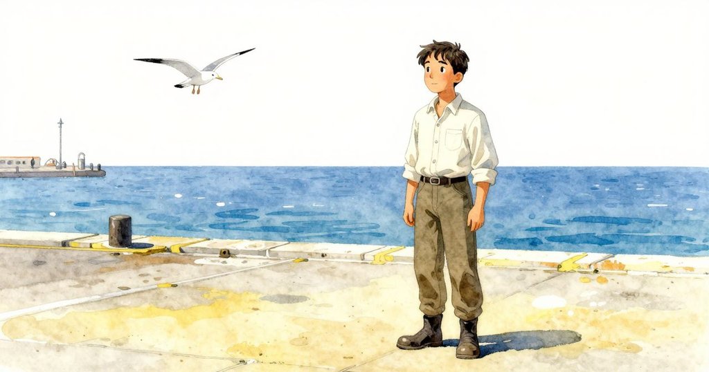 在寬廣的戶外場景中，Yorick站在碼頭邊緣，凝視高飛的鷗鳥，海天一色，充滿自然和諧。