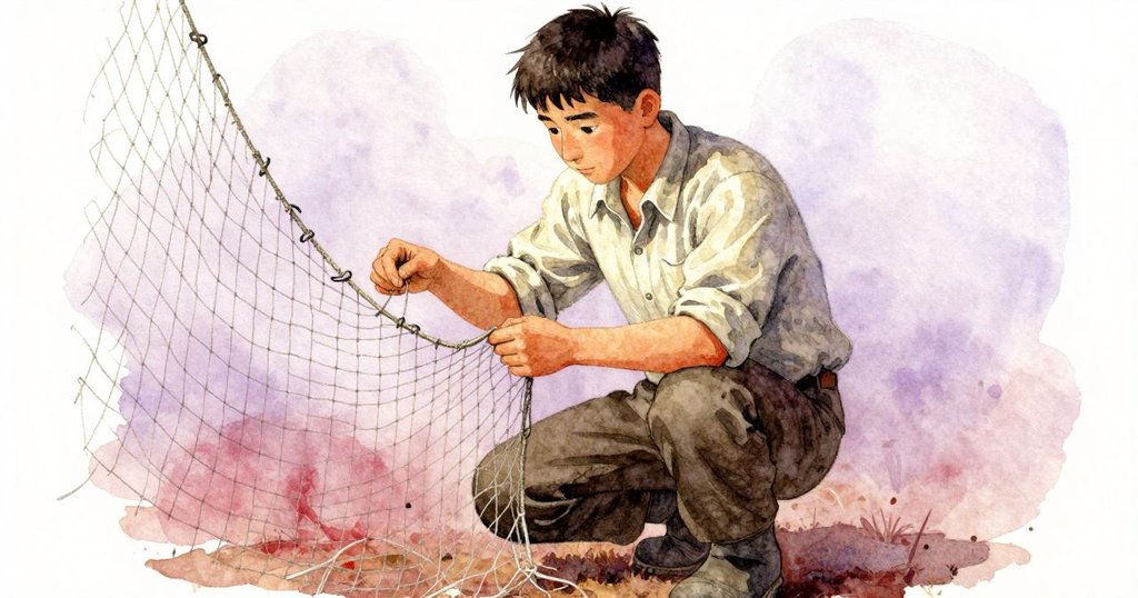 Yorick 在網線修補中焦慮地盯著斷裂處，他的手停在不均勻的結上，微妙的緊張氣氛瀰漫。