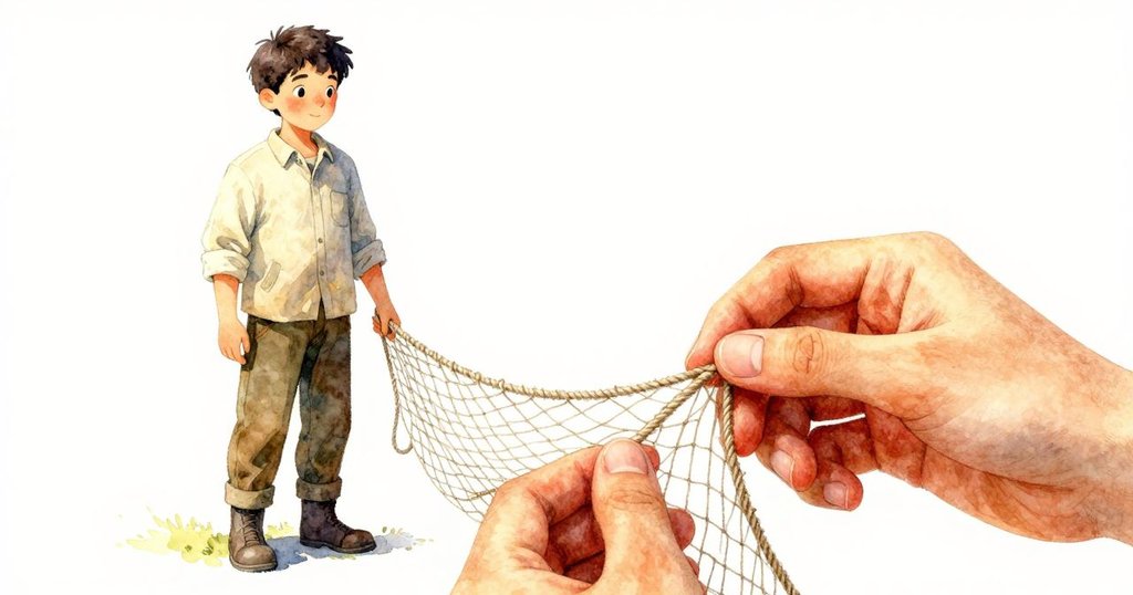 Yorick 最後縫補網線，手中穿過新鮮的纜繩，臉上洋溢著靜謐滿足，陽光柔和灑落在修復處。