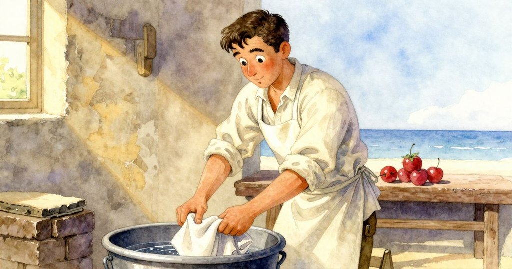 帕斯卡正用木夾浸入摺疊棉布，工作室內石塊與水桶映襯出神秘光影，動作充滿專注。