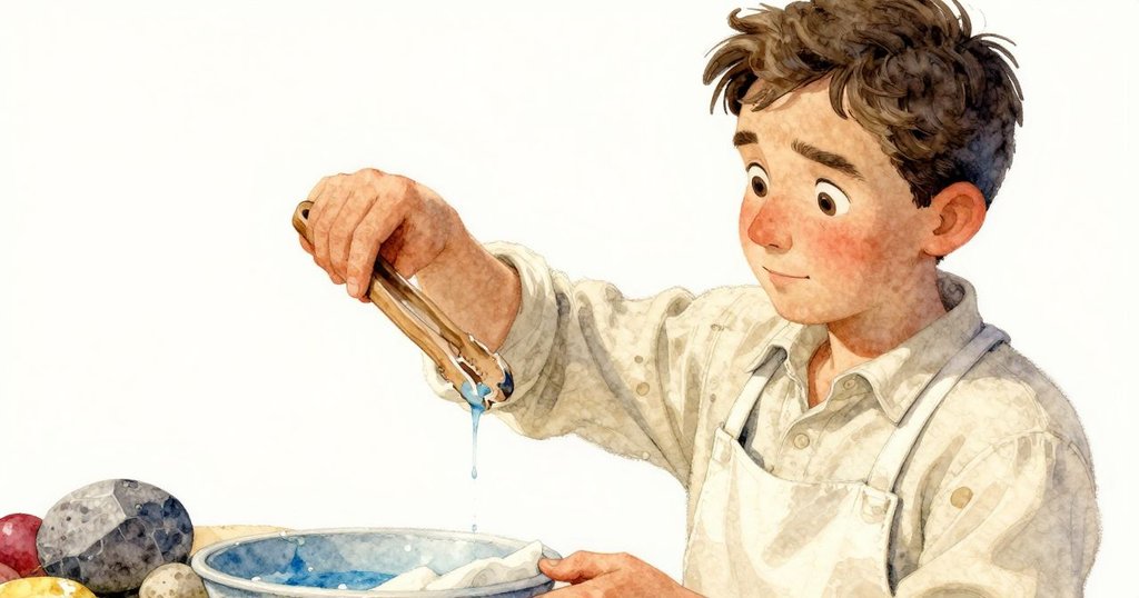 木夾緊握著濕潤布料，水滴從夾口滑落至石面上，在柔和光線下呈現細膩紋理。