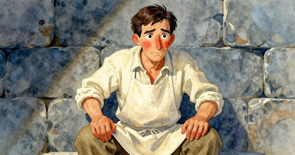 從低角度看帕斯卡在水槽前專注檢查布料，堅定的神情與光影交錯的石塊形成鮮明對比。