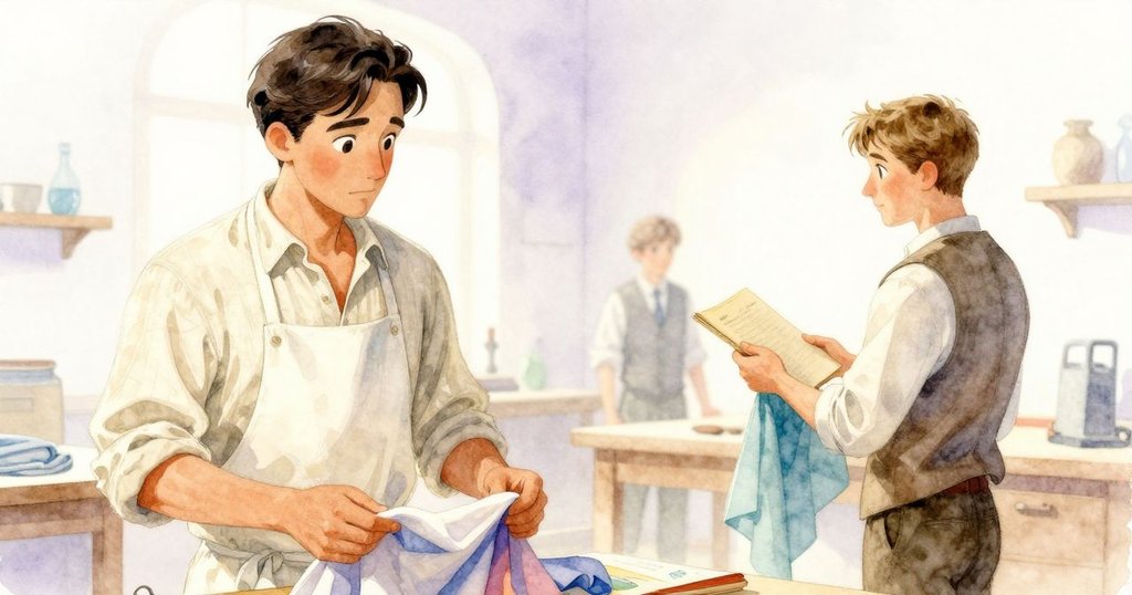 隨著光線漸變，帕斯卡再度細看染色布料，旁邊檢查員靜靜守候，呈現工作坊內時間流逝的氛圍。