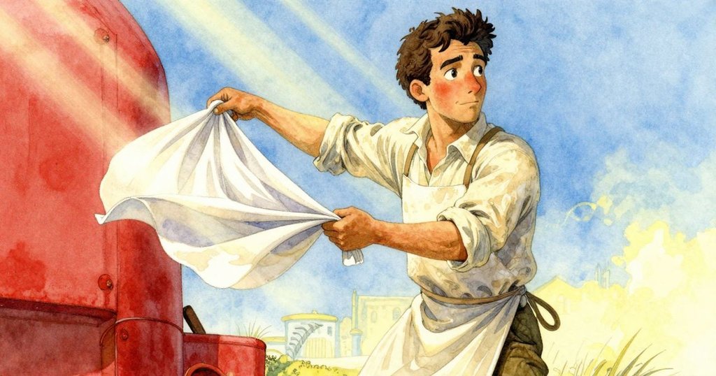 帕斯卡動態地將布料摺成層次，薄風吹拂中現隱藏色彩，陽光斑駁中展露工作坊內細膩情景。