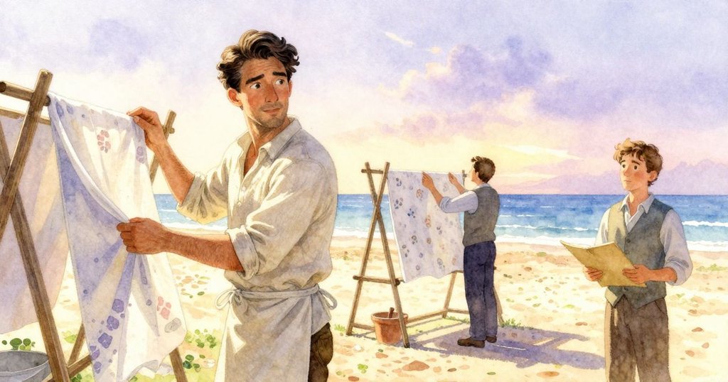 帕斯卡將呈山脈輪廓的布料整齊掛回晾衣架，檢查員靜觀四周，夕陽下營造出安詳溫暖氣氛。