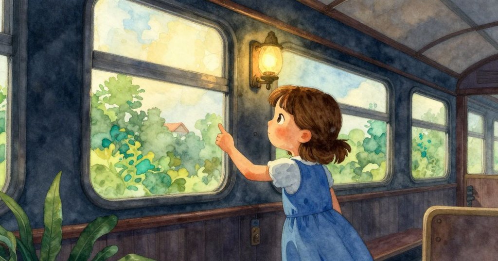 Bea在火車車廂內，用指尖輕觸溫暖的窗戶，神情充滿好奇，燈光柔和，營造出溫馨而神秘的場景