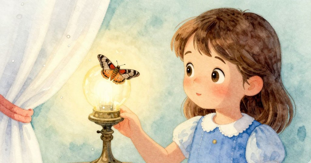 飛蛾安穩停在閱讀燈邊緣，其細膩的翅膀在柔和燈光下閃爍，窗簾輕輕搖曳，營造出神秘氛圍