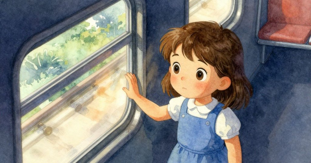 從高處俯瞰，Bea輕觸窗戶，神情專注，火車內部光影交錯，營造出溫馨與靜謐的氣氛