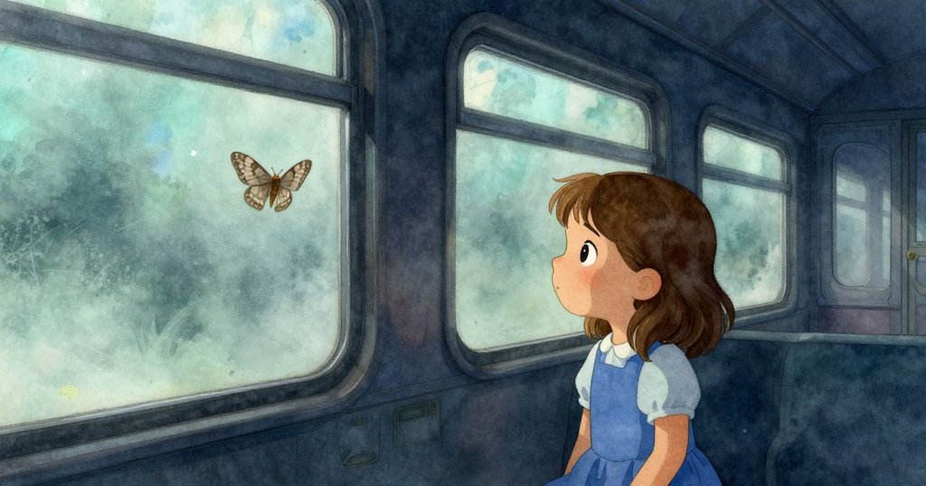 火車行駛出隧道，窗外霧氣瀰漫，Bea靜靜注視著飛蛾與燈光交織的窗戶，展現出旅途的平靜與深遠