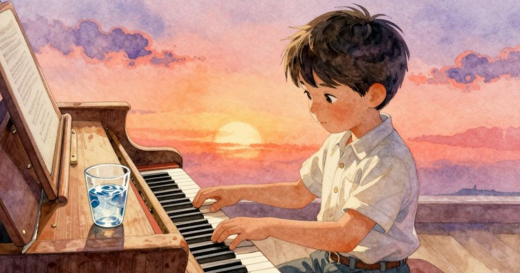 Cedric調整音準桿，水杯震動，背景為溫暖室內古老鋼琴和木桌，展現專注情緒和故事起始。