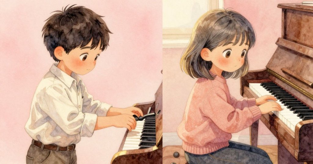 畫面左右分割，Cedric專注調整音準桿，Niles靜觀琴鍵與水杯漣漪，動靜並存呈現內心世界。