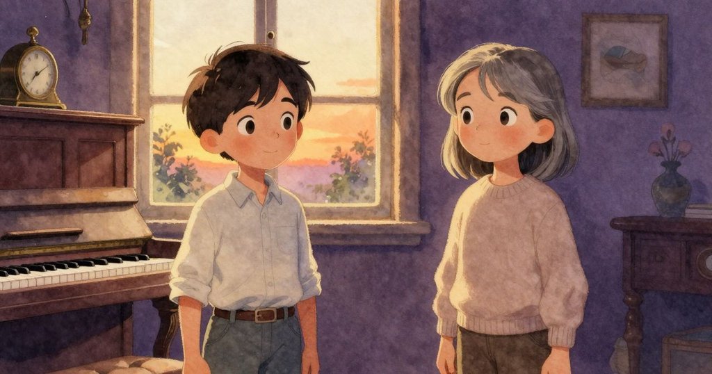 透過窗戶可見金色夕陽輕灑室內，古老鋼琴與掛鐘在溫暖光影中展現時間流逝。