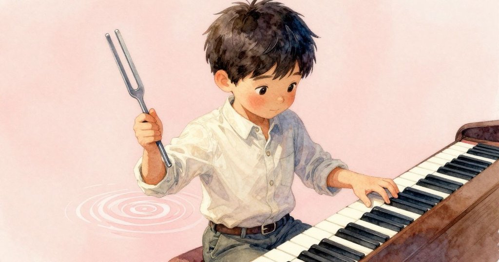 Cedric輕敲音叉並按下琴鍵，隨之而來的水杯漣漪迅速擴散，展現動態因果關係。