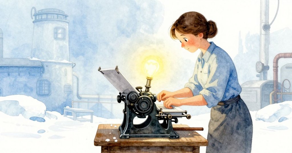 Cleo 在印刷室內操作印刷機，發現缺少間隔件，表情專注，環境充滿工業細節，畫面略帶傾斜