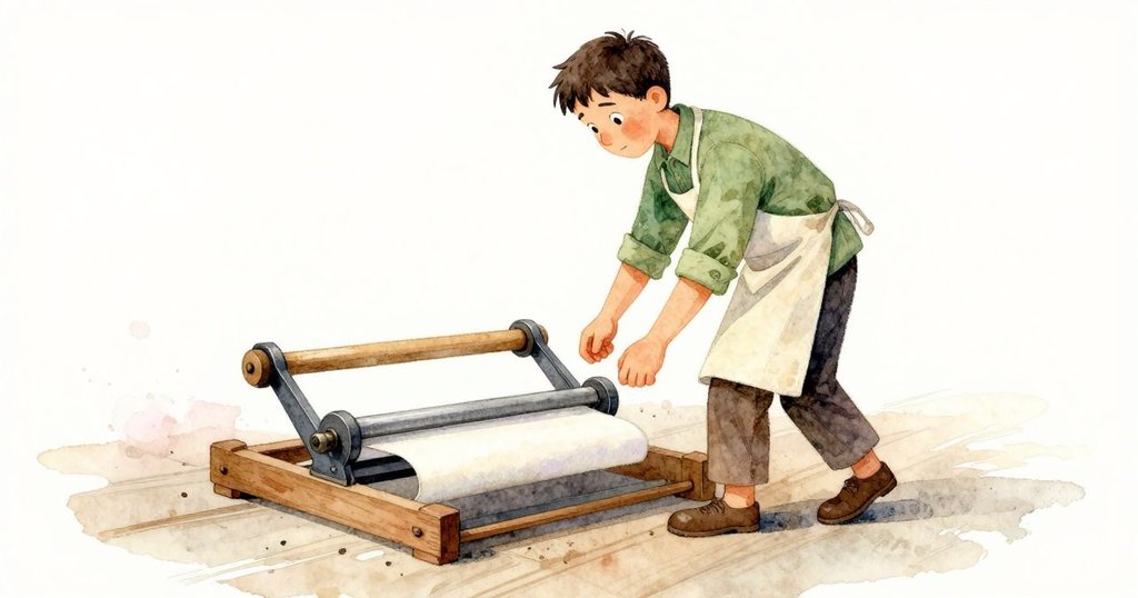 Ben 在印刷室中小心地將新紙滑入紙機，下半身步伐明顯，動作流暢，背景充滿溫暖光影