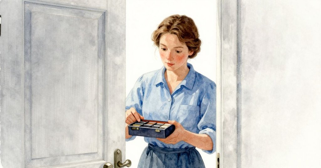 從半掩門縫中看見Cleo專注於檢查印刷機間隔件，背景朦朧神秘，情緒微妙流露