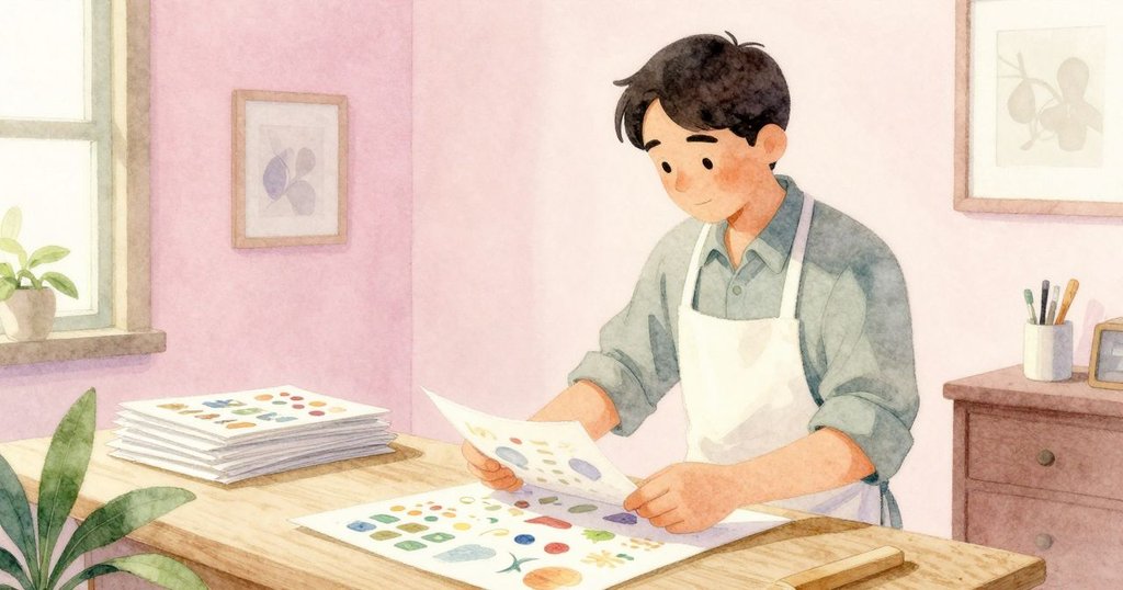 Ben 在新室內整頓錯版頁面，環境光線柔和，背景展示架子與文件，場景呈現平靜有序氛圍