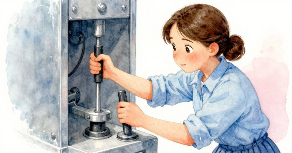 Cleo 在印刷機旁猶豫，手停在槓桿上，表情顯示出緊張與疑惑，細節刻畫出缺失間隔件的影響