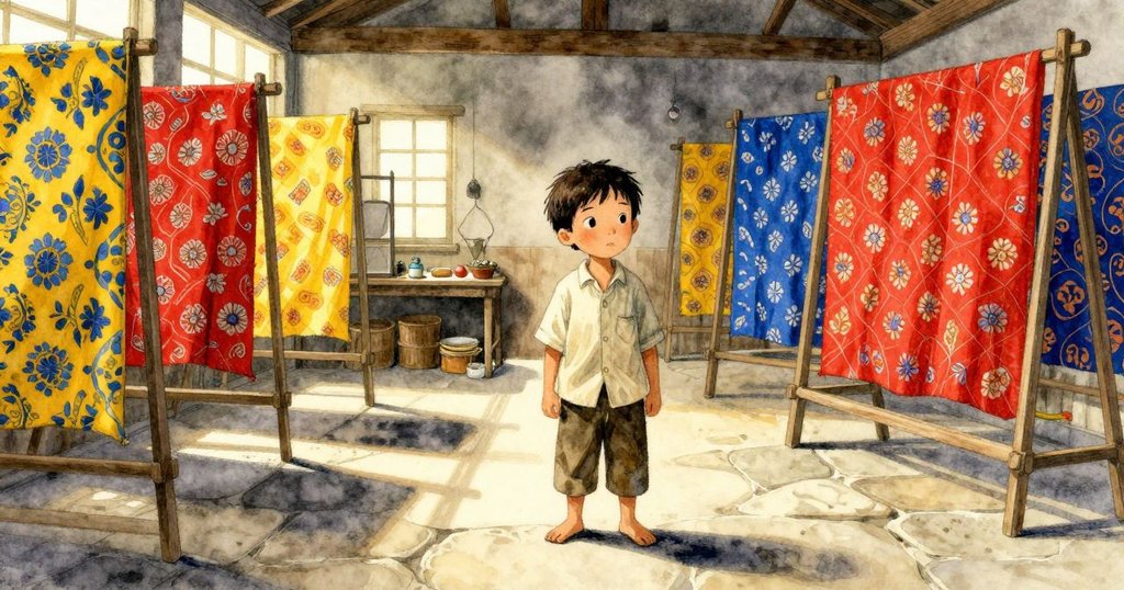 Dale在手工染布工房中獨自站立,靜謐準備工作,窗外晨光灑進,背景有石地與晾布架,滿懷期待