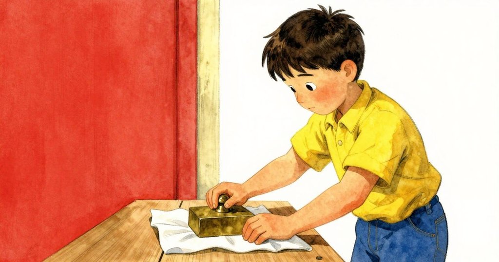 Dale正用銅製印章輕觸布料,動作溫柔而堅定,布面逐漸展現變化,工作桌上細節豐富