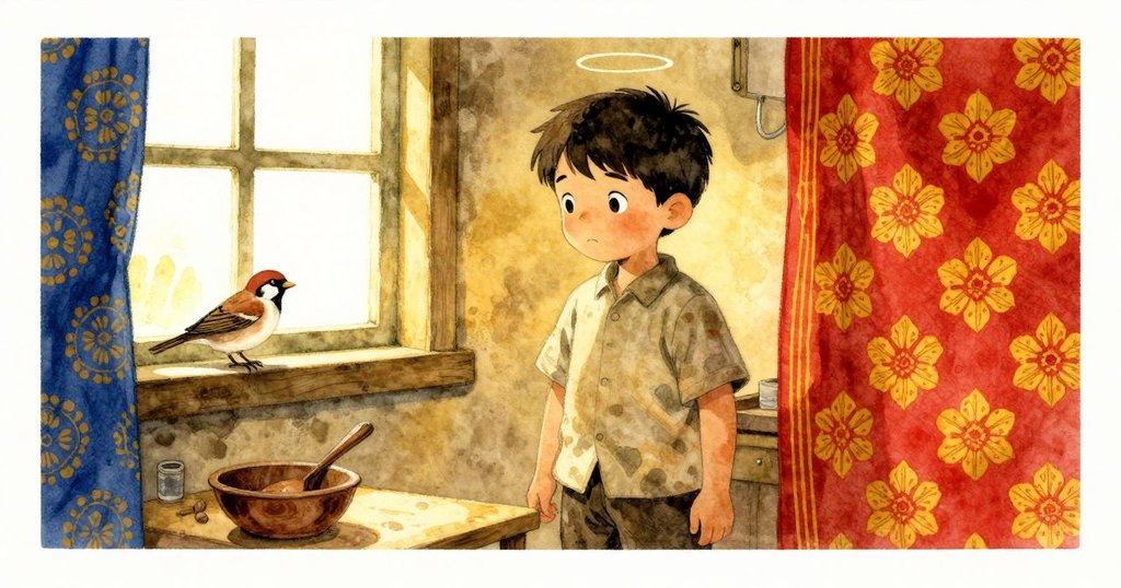 Dale抱著新布,窗台上雀鳥鳴叫,蠟方形轉變成柔和光環,工房中洋溢重新希望與溫暖