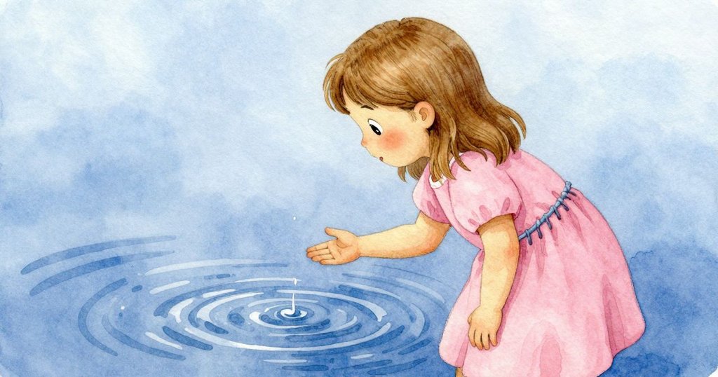 伊薇特在操作繩索時停下來，注視逐漸下降的水面，袖上漂浮著一顆泡泡，目光充滿好奇與專注